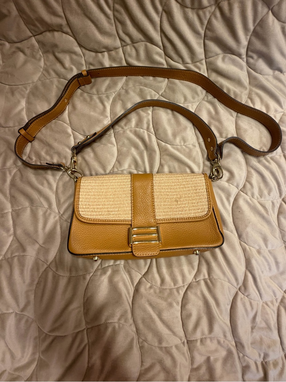 Divina Firenze Tan Raffia-Front Convertible Crossbody Bag leather made in italy